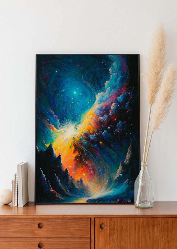 Milky Way Landscape Painting Mountain Range Blue Yellow Oil Painting Vintage Wall Art