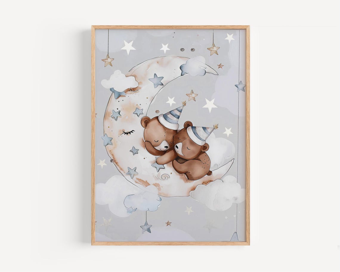 Two Sleeping Bears on a Crescent Moon With Party Hats Nursery Poster