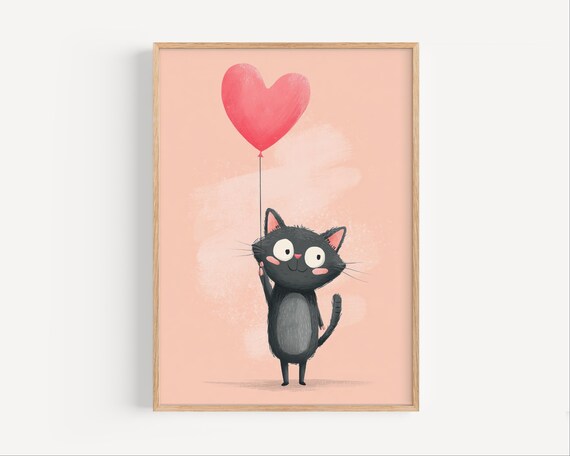 Cute Black Cat Holding a Red Heart Balloon Kids Nursery Poster