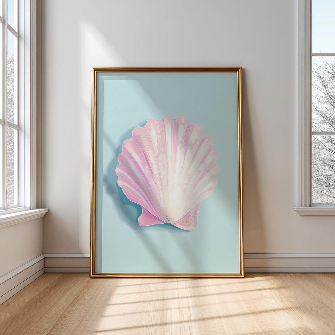 Pink Seashell On Blue Background Minimalist Coastal Beach Art Poster