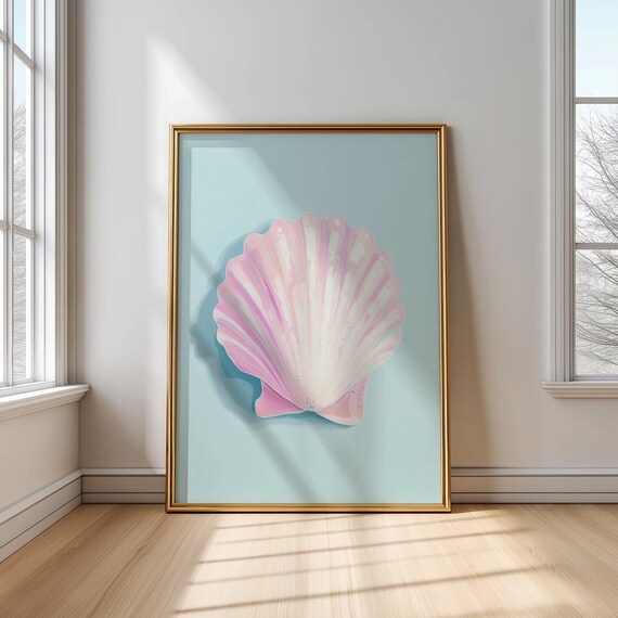 Pink Seashell On Blue Background Minimalist Coastal Beach Art Poster