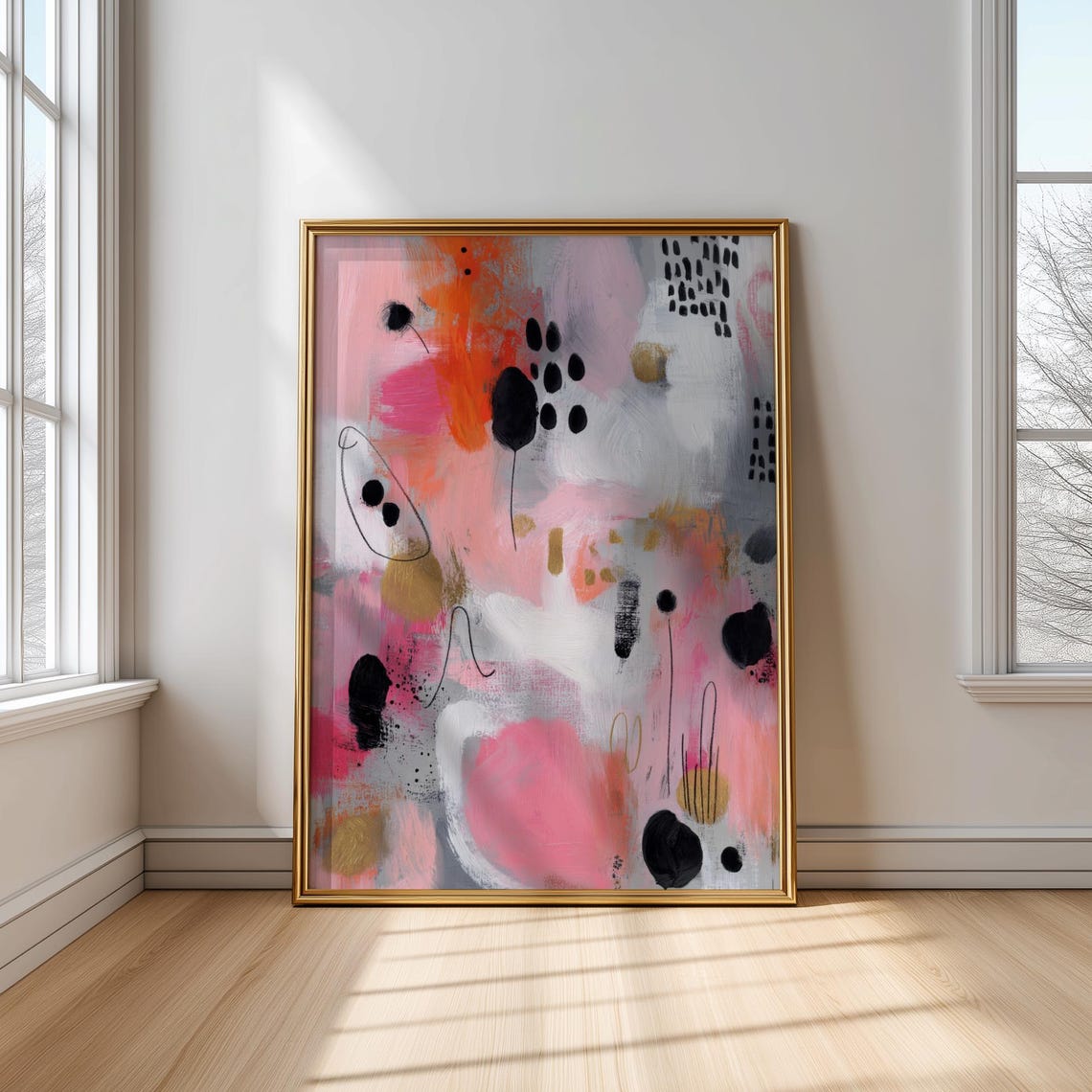 Pink Gold Black Modern Abstract Brushstrokes Painting Poster