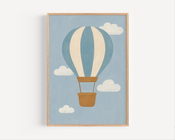 Hot Air Balloon Nursery Posterminimalist Blue Wall Art For Baby Boy Room Or Playroom Adventurethemed