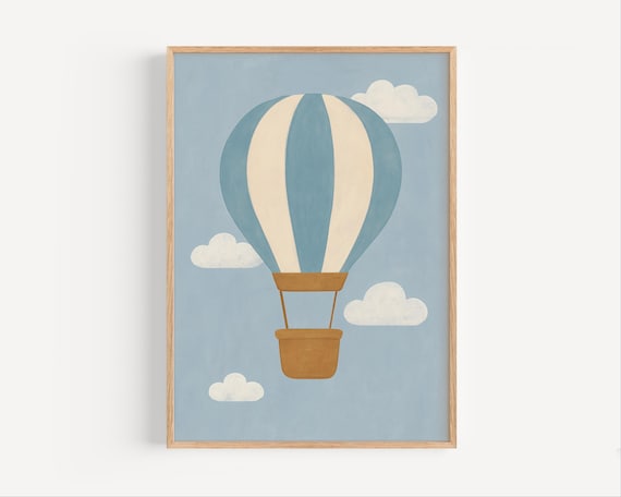 Minimalist Blue and Cream Hot Air Balloon Clouds Nursery Poster