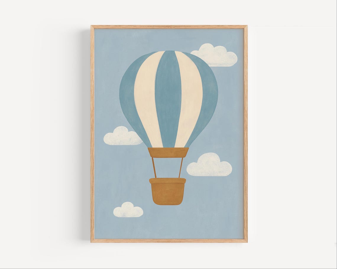 Minimalist Blue and Cream Hot Air Balloon Clouds Nursery Poster