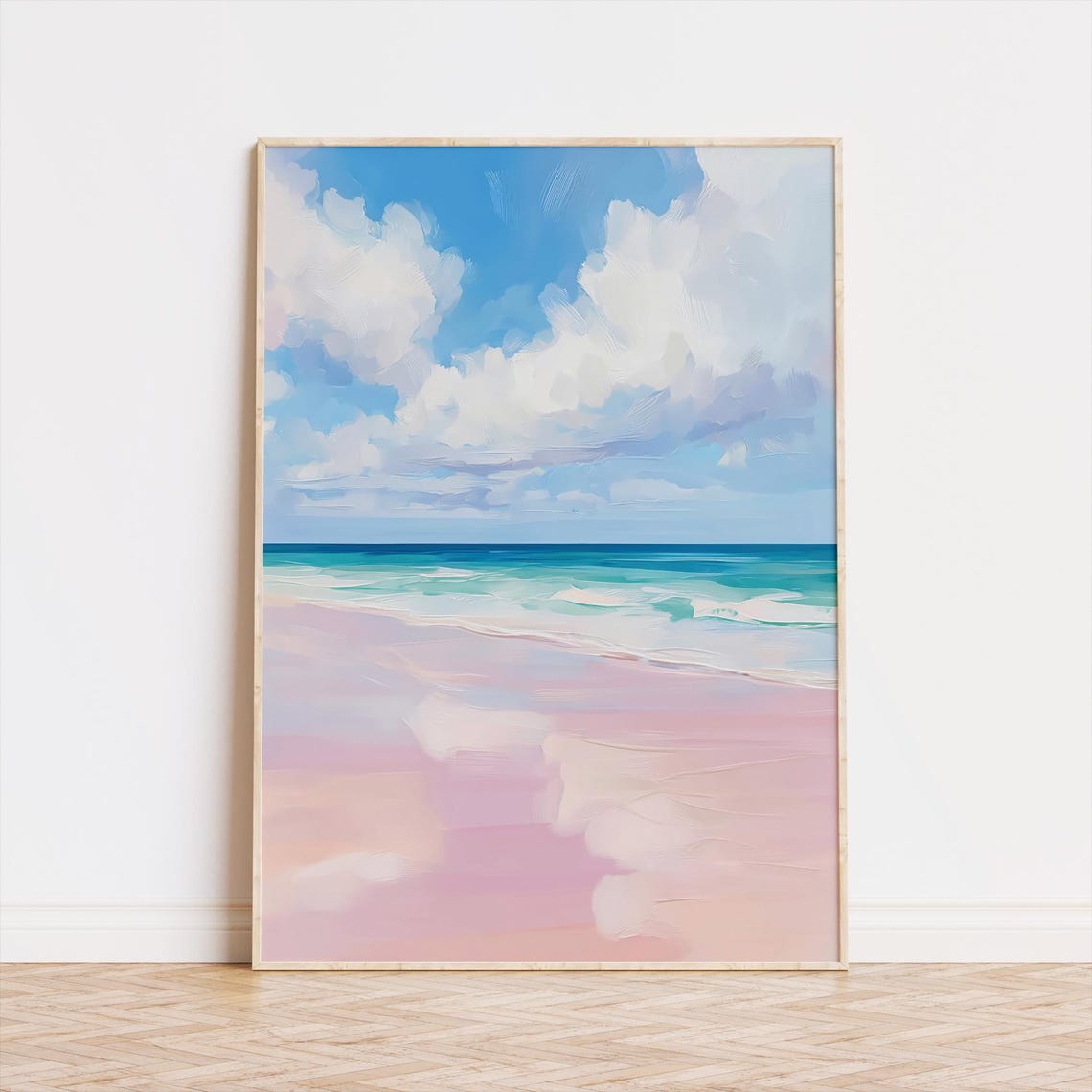 Pink Beach Ocean Poster Pastel Turquoise Waves Blue Sky Coastal Decor