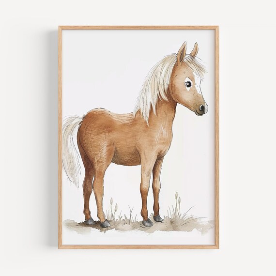 Adorable Brown Horse Pastel Wall Art Poster For Childrens Room Nursery Decor Kids Bedroom Print