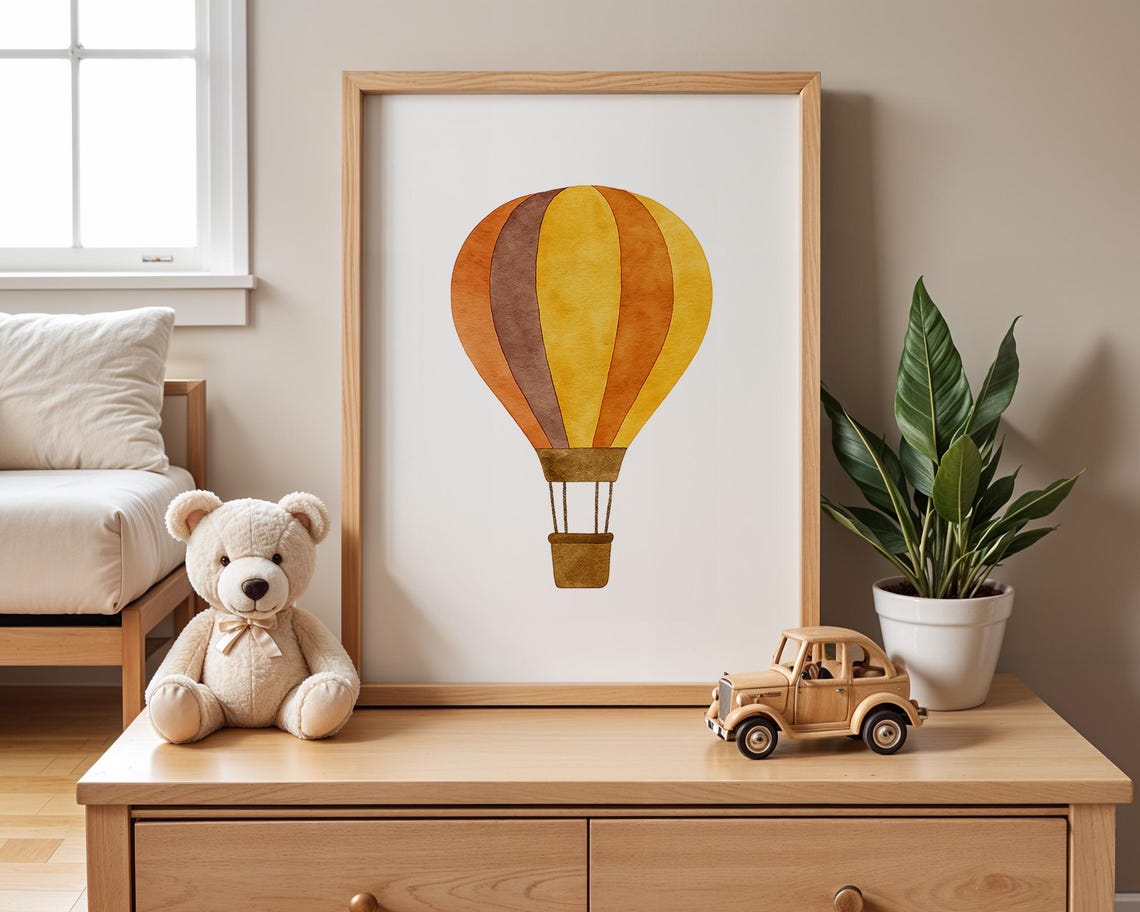 Warm Watercolor Hot Air Balloon Adventure Themed Nursery Poster