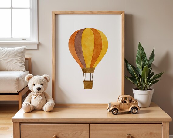 Hot Air Balloon Poster Retro Nursery Wall Art Warm Watercolor Print Kids Room Decor Baby Boy Gift Adventure Theme