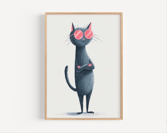 Black Cat Pink Sunglasses Art For Nursery Kids Room Poster Cool Modern Animal Wall Decor Girls Or Boys