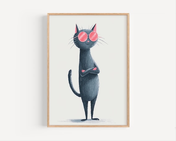 Cool Black Cat Wearing Pink Sunglasses Funny Nursery Room Poster