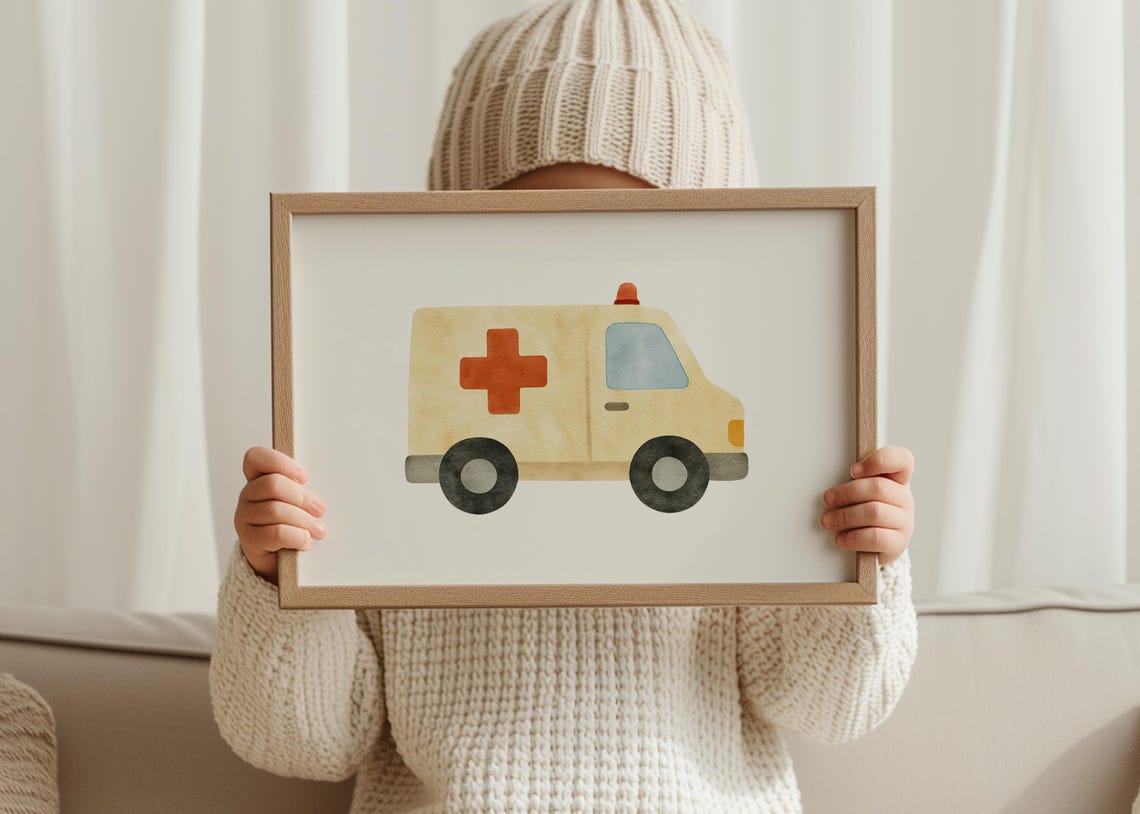 Watercolor Ambulance Nursery Kids Room Vehicle Wall Print Art
