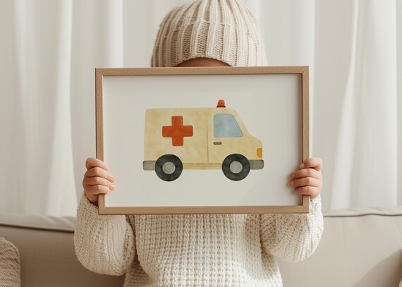 Ambulance Poster Watercolor Nursery Wall Art Emergency Vehicle Print Boys Room Decor Kids Transportation
