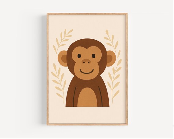 Cute Brown Smiling Monkey Face Safari Nursery Decor Kids Poster