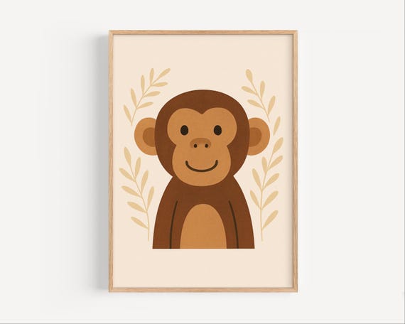 Monkey Nursery Wall Art Safari Jungle Animal Baby Room Decor Cute Boho Kids Poster Instant Artwork