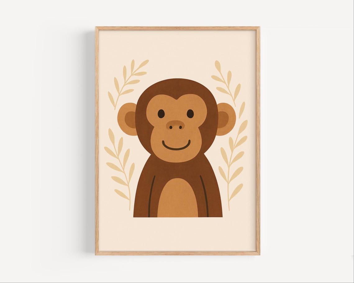 Cute Brown Smiling Monkey Face Safari Nursery Decor Kids Poster
