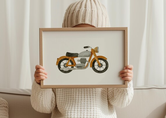 Retro Orange Motorcycle Watercolor Illustration Kids Room Nursery Poster