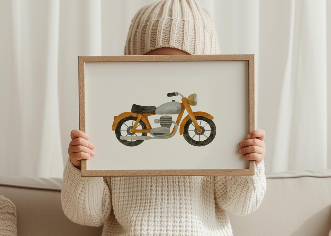 Retro Orange Motorcycle Watercolor Illustration Kids Room Nursery Poster
