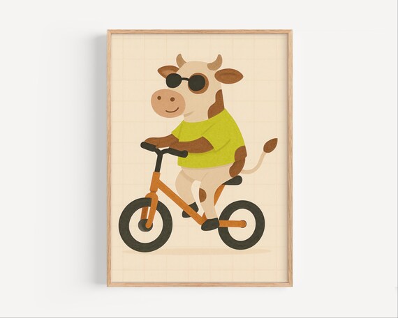 Cool Cow with Sunglasses Riding Bicycle Green Shirt Kids Poster