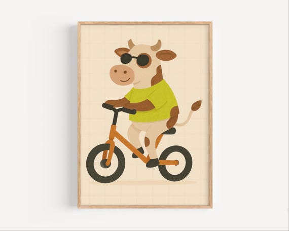 Cow On Bicycle Poster Cute Farm Animal Nursery Art Baby Room Illustration Kids Wall Decor Style Print