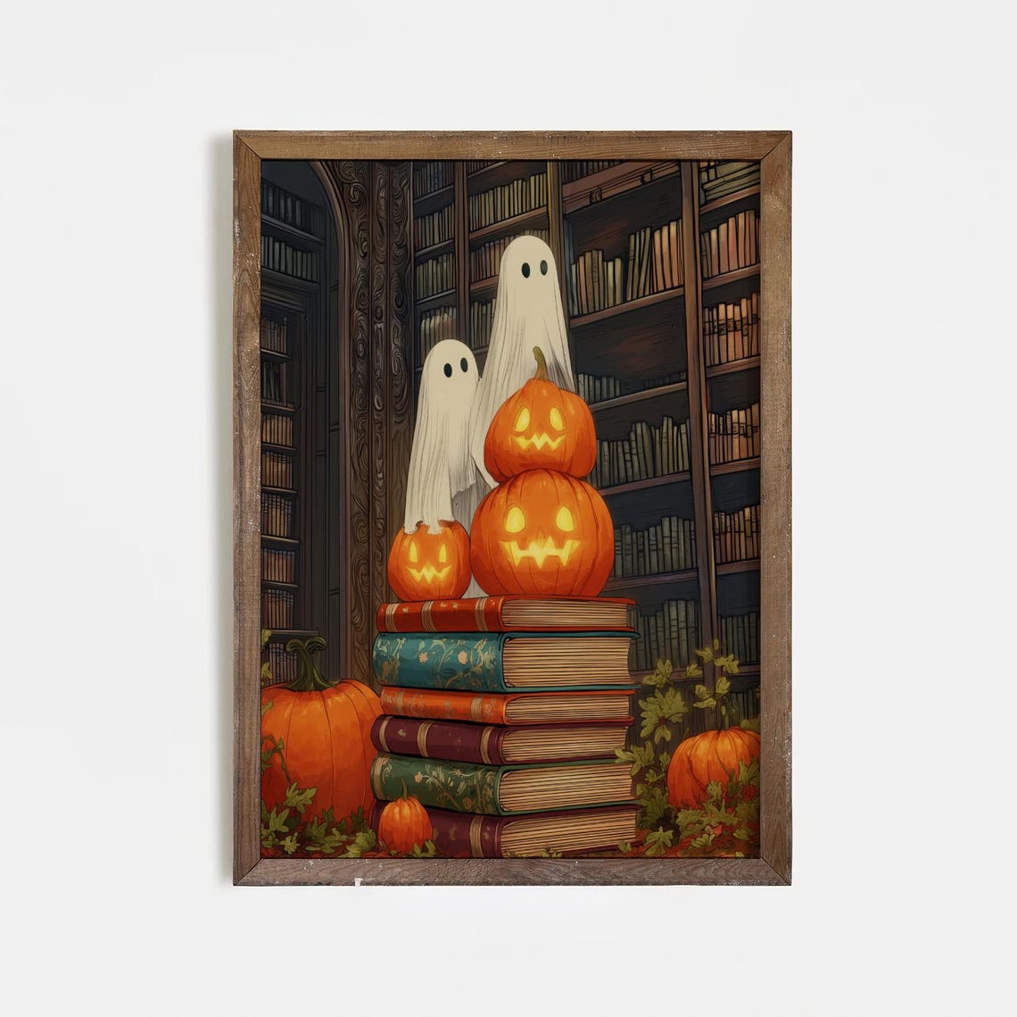 Two Cute Ghosts With Pumpkins On Books In Library Halloween Poster