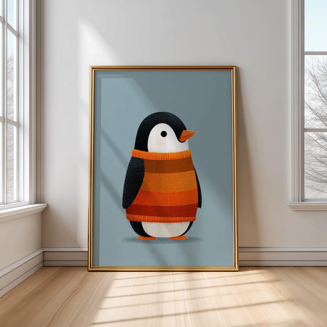 Penguin Wearing Orange Knit Sweater Cute Winter Animal Poster
