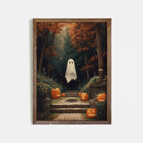 Floating In Autumn Forest With Pumpkins Halloween Haunted Path Wall Art Spooky Cute Fall Print Cozy October Home Decor