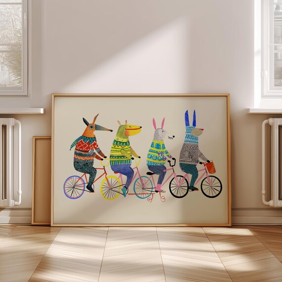 Cycling Animals Wall Art Nursery Prints Kids Room Collection Baby Decor Playful Animal Eclectic