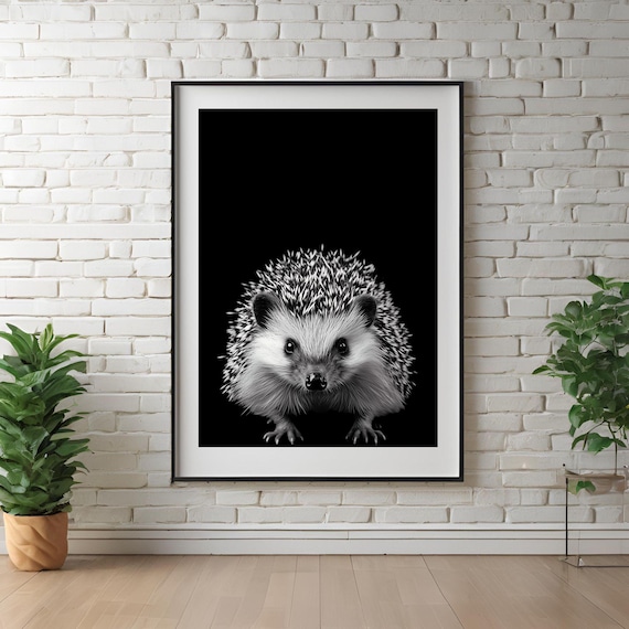Black and White Hedgehog Portrait Bold Minimalist Wildlife Poster