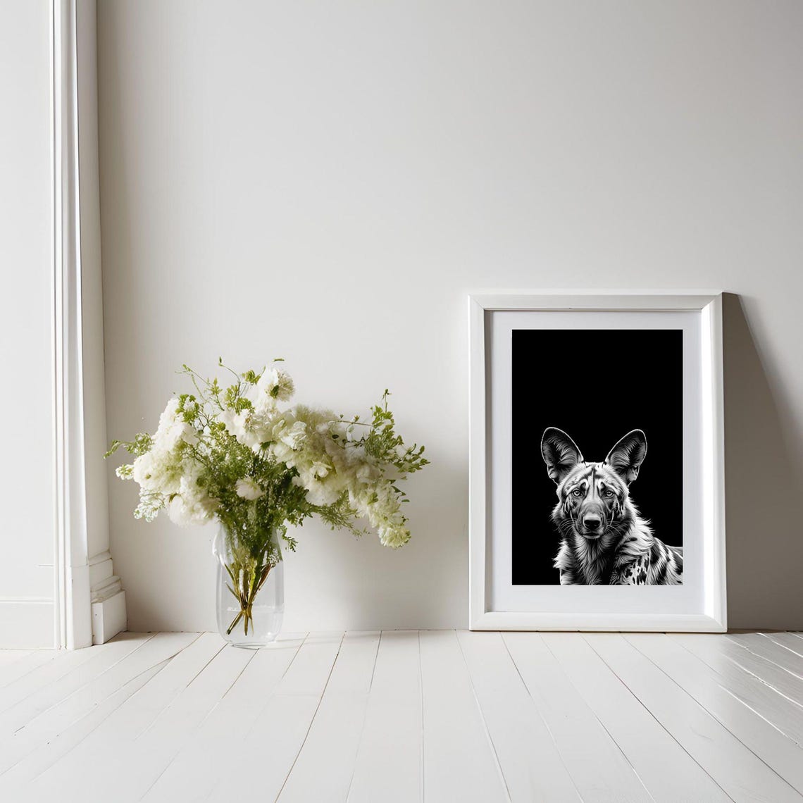 Black and White African Wild Dog Portrait Wildlife Art Poster - Image 6