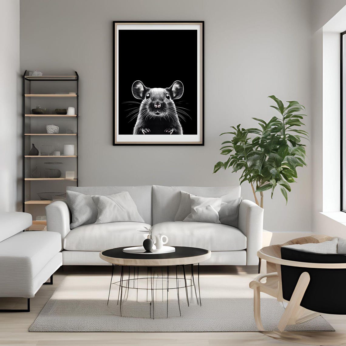 Black and White Cute Mouse Portrait Minimalist Wildlife Poster - Image 3