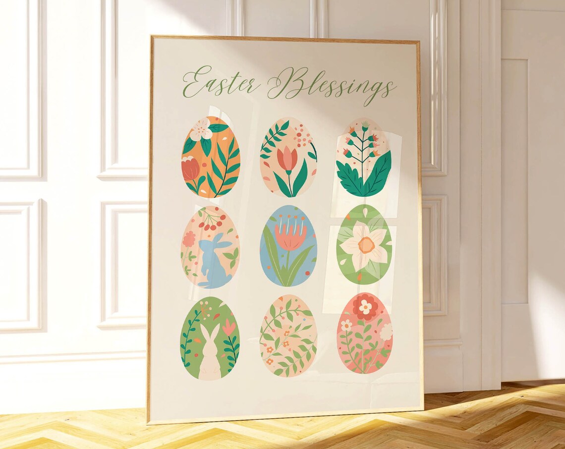 Easter Blessings Nine Floral Eggs With Bunnies Spring Art Poster