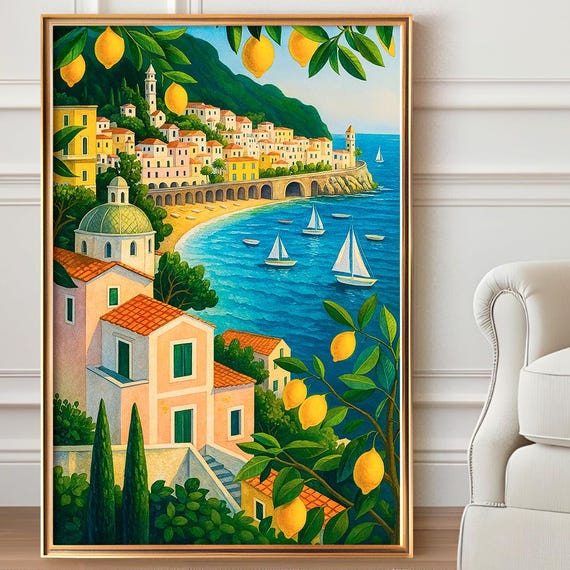 Amalfi Coast Poster With Lemons Mediterranean Illustration Sailboats Italian Art Print Wall For Home Kitchen Gift