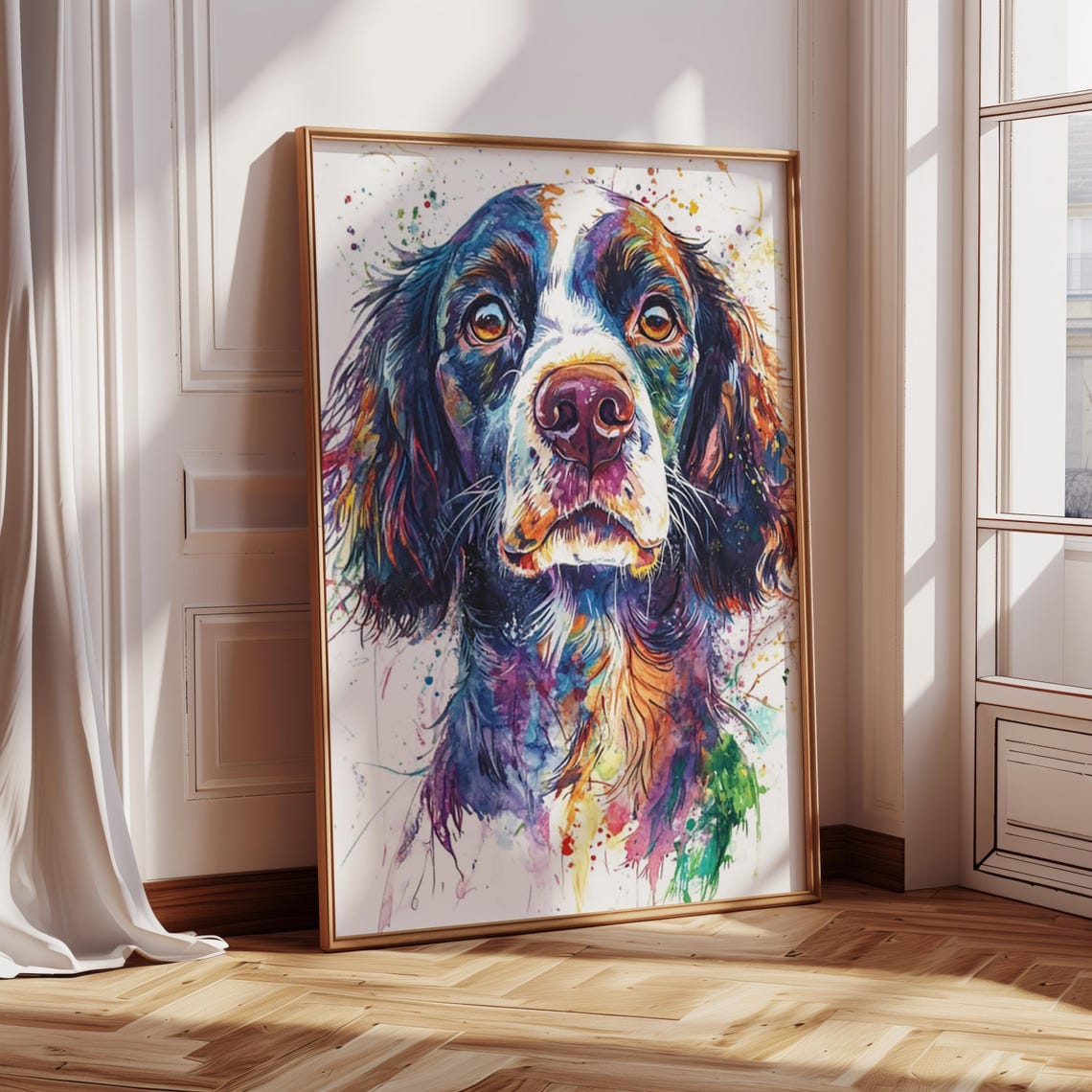 Rainbow Watercolor Springer Spaniel Portrait Splatter Art Print