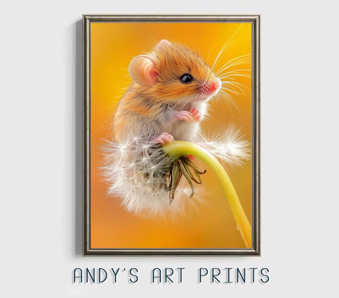 Tiny Orange Mouse Sitting On A Dandelion Against Bright Yellow Poster - Image 2