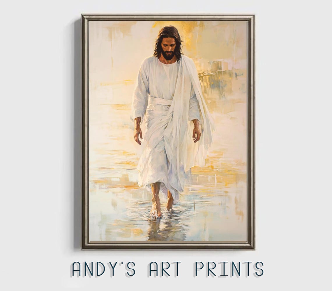 Jesus Walking Toward You On Water Gold Blue Christian Art Poster - Image 3