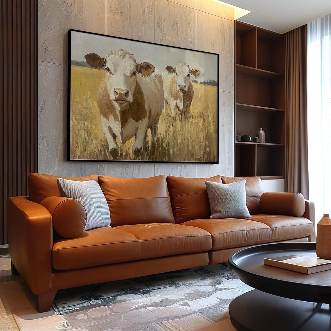 Two Cows In Golden Wheat Field Rustic Farm Oil Painting Poster - Image 3