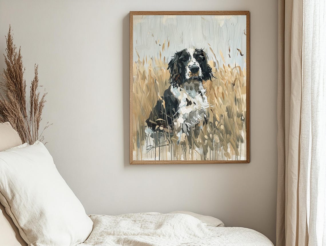 Black and White Spaniel Dog Sitting in Golden Wheat Field Poster - Image 3