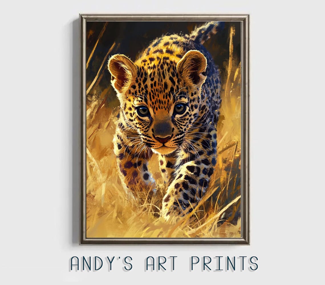 Leopard Cub Walking Through Golden Grass Wildlife Painting Poster - Image 3
