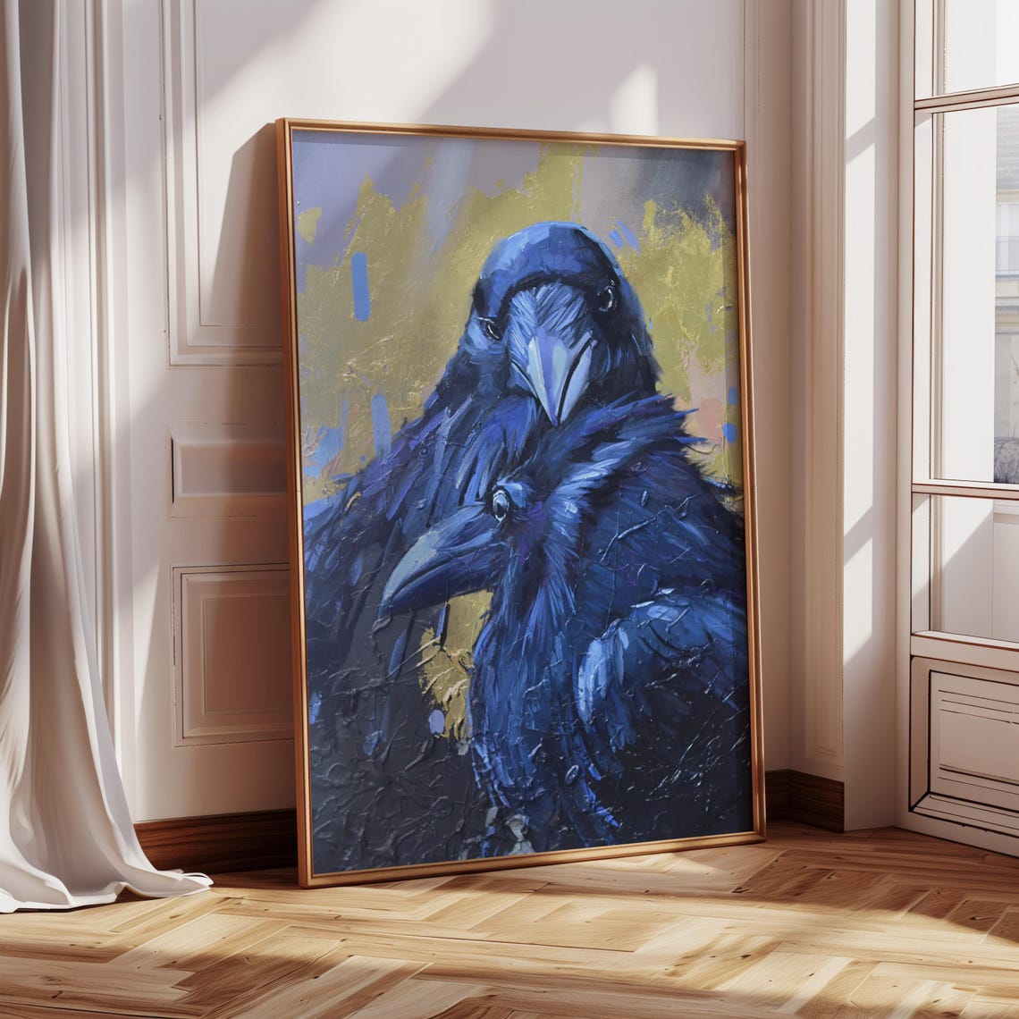 Two Black Crows Embracing in a Dark Blue Moody Oil Painting Poster