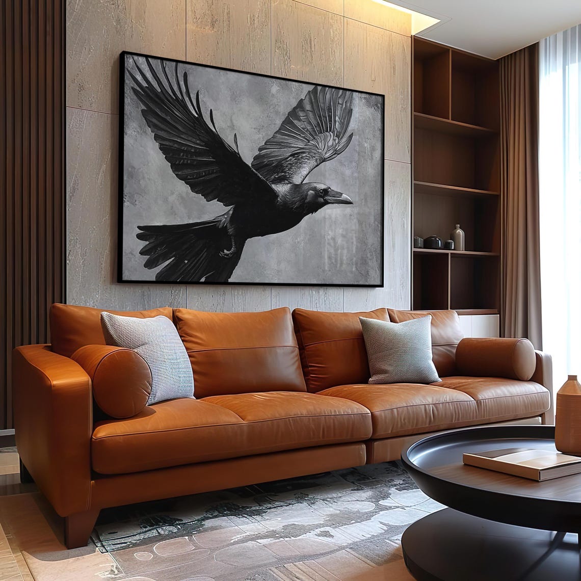 Crow in Full Flight Drawn in Black and White Pencil Style Poster - Image 3