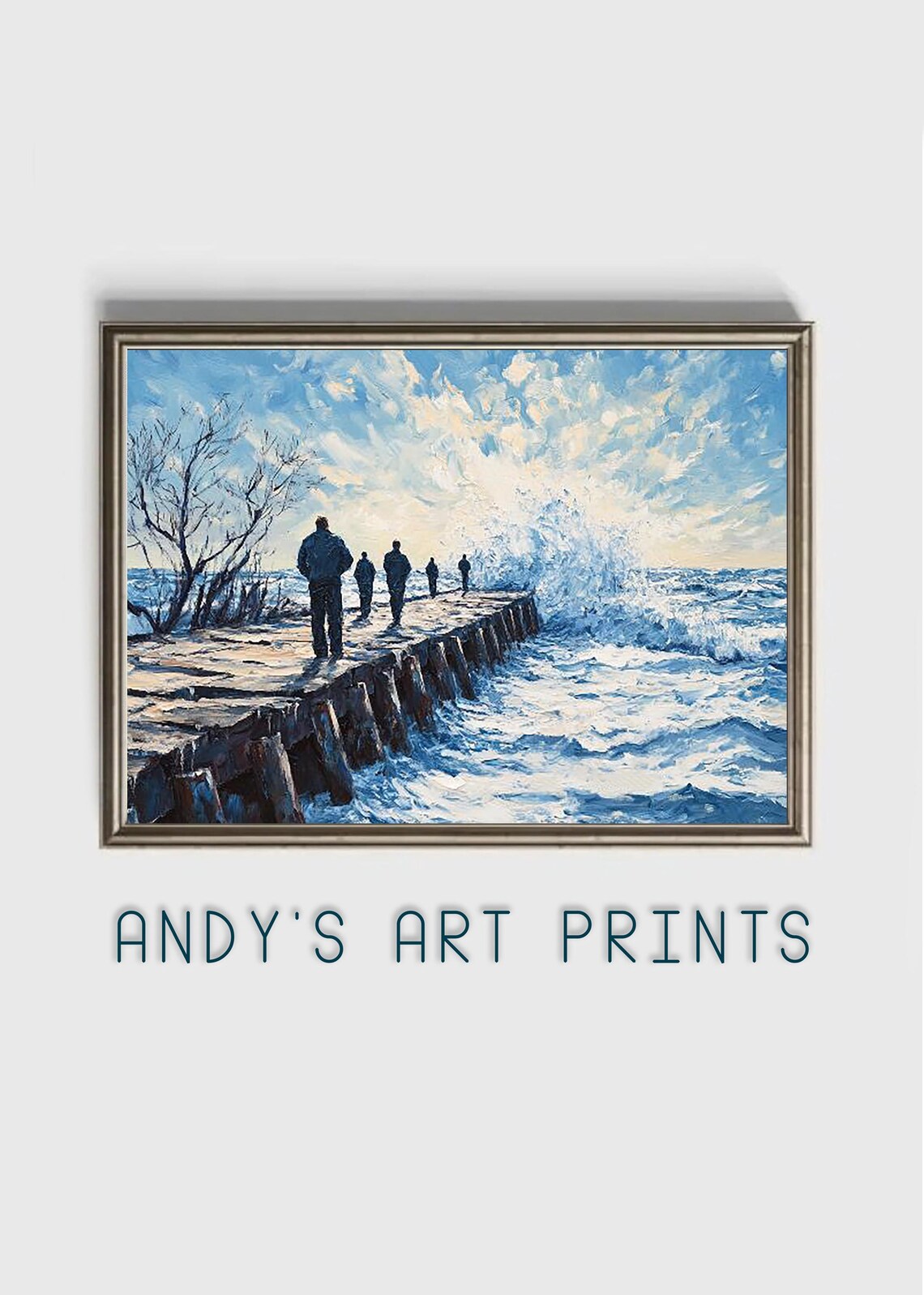 Walkers on an Icy Pier Watching Crashing Winter Waves Poster