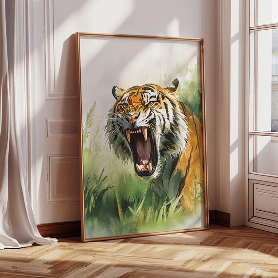Roaring Tiger Watercolor Painting Green Jungle Grass Art Poster