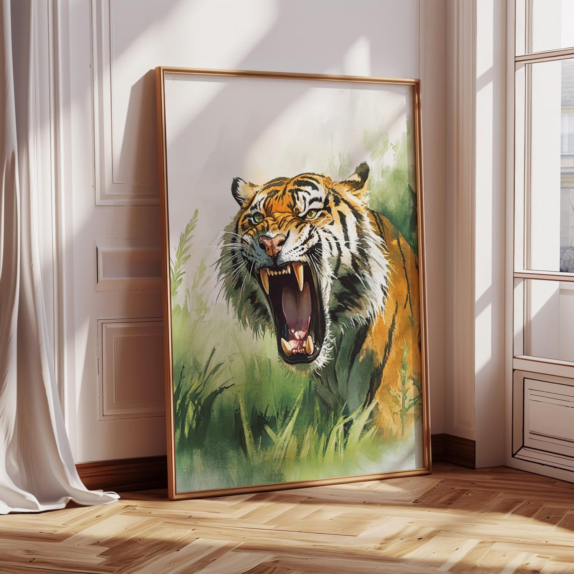 Roaring Tiger Watercolor Painting Green Jungle Grass Art Poster