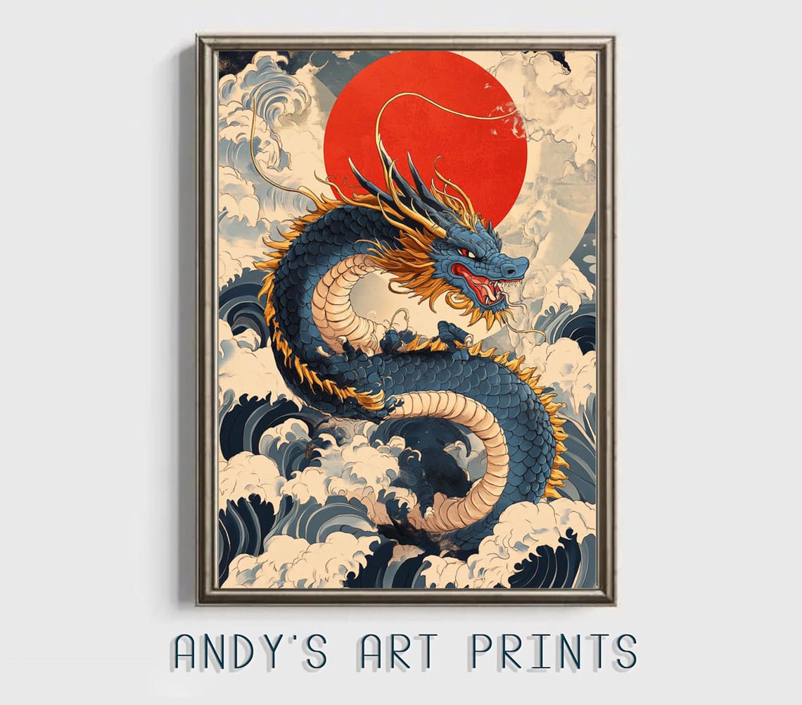 Blue Japanese Dragon Rising Through Waves Under a Red Sun Poster - Image 2