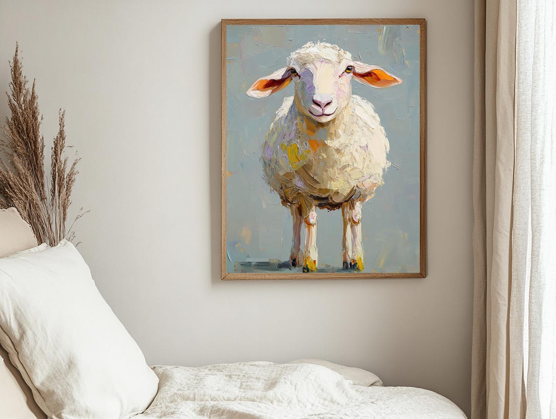 Adorable White Sheep Front Portrait With Impasto Brushwork Poster - Image 3