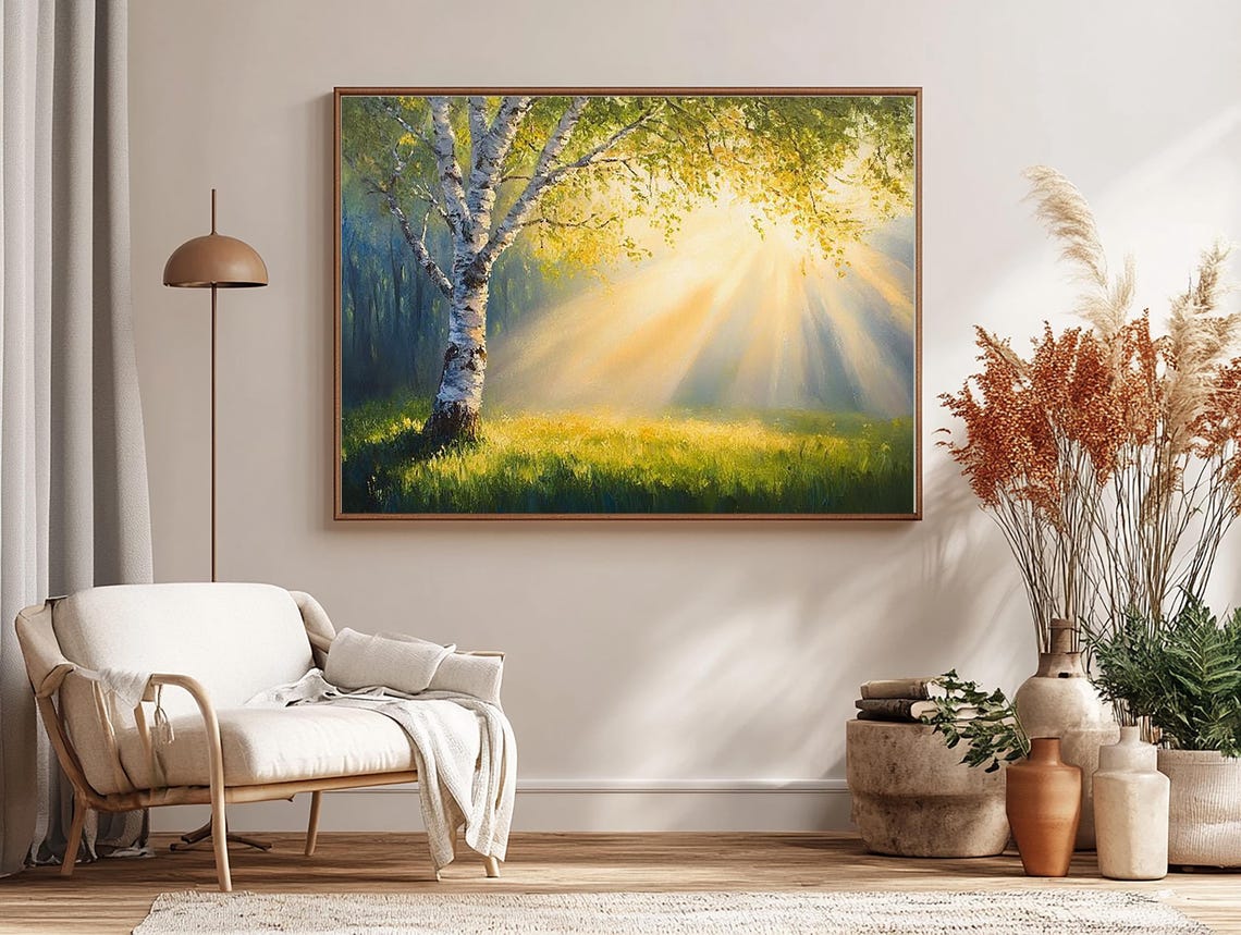 A Sunlit Birch Tree Standing in a Green Forest Meadow Art Poster