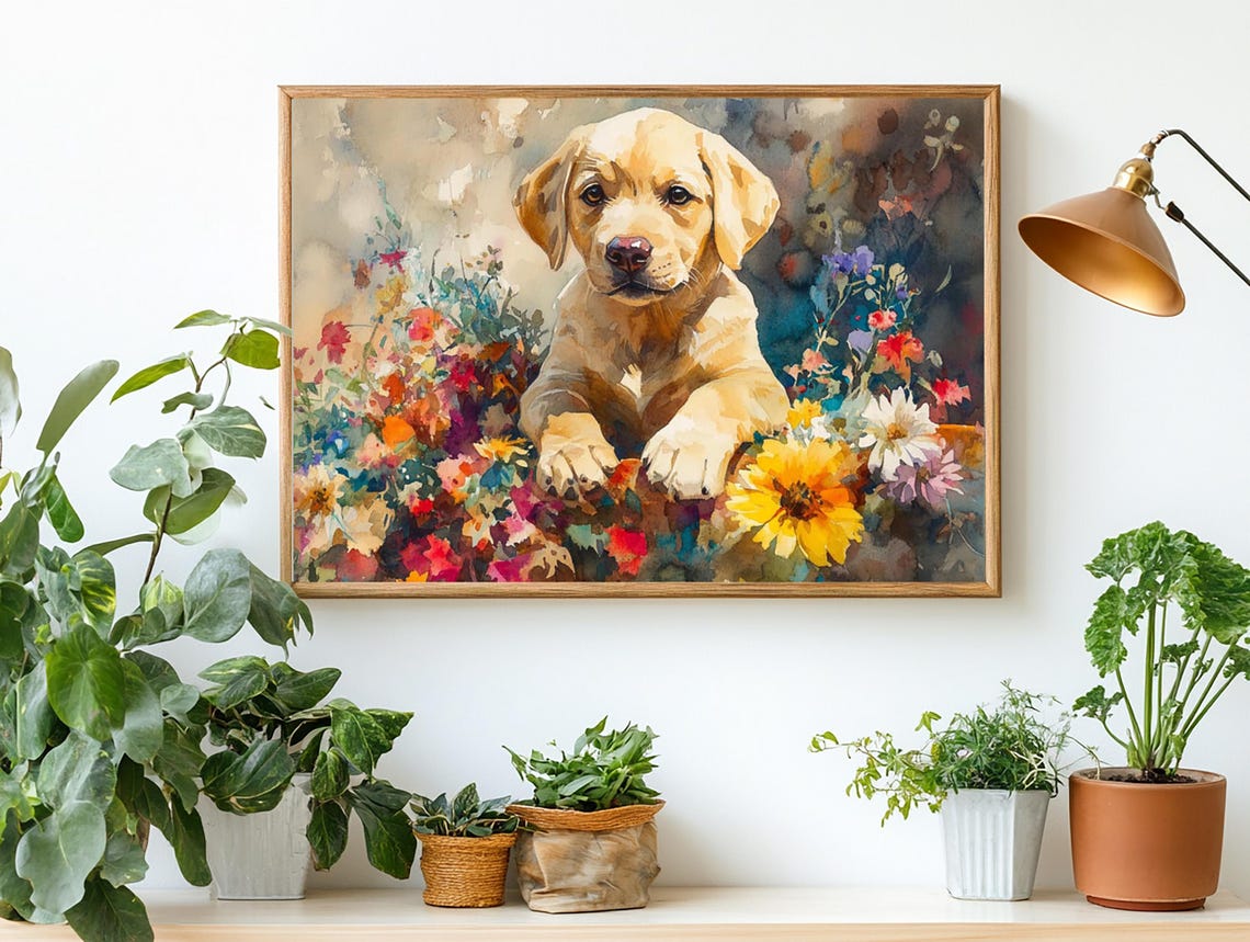 Yellow Labrador Puppy Among Colorful Flowers Watercolor Poster - Image 2