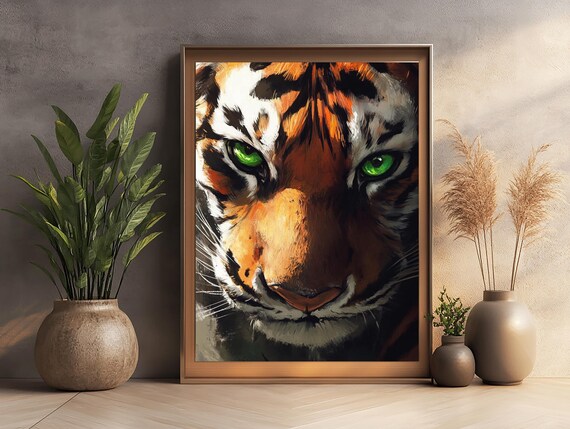 Tiger Face Close Up With Green Eyes Wildlife Oil Painting Poster