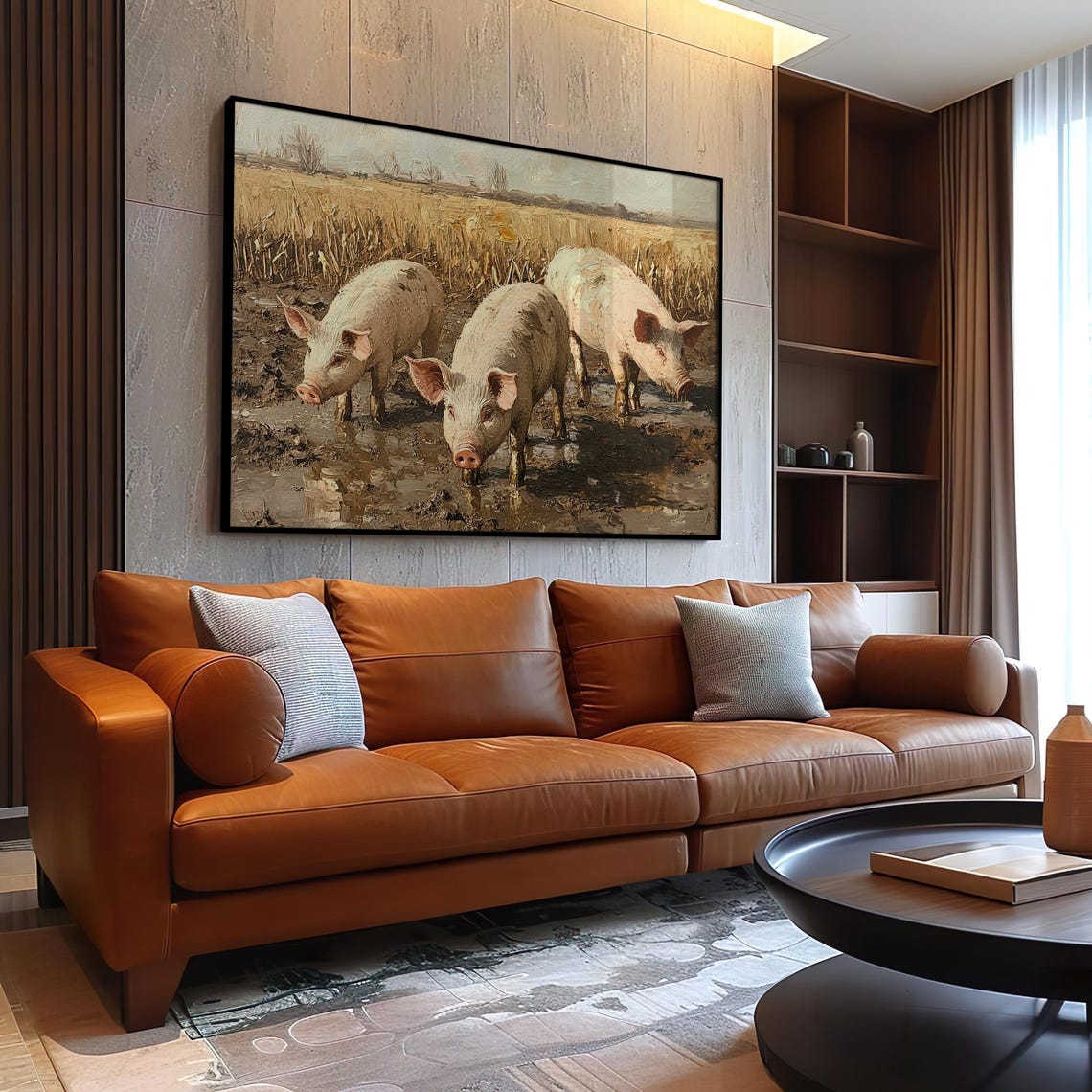 Rustic Scene Of Three White Pigs In A Muddy Golden Wheat Field Poster - Image 3